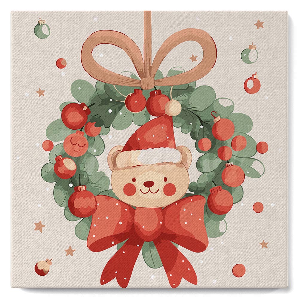 Mini Paint by numbers 8"x8" framed - Christmas Wreath Bear