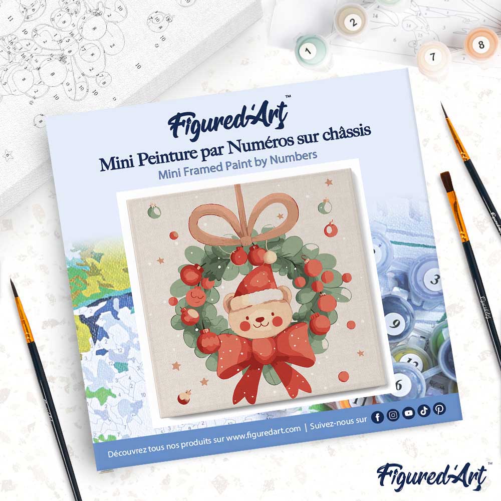Mini Paint by numbers 8"x8" framed - Christmas Wreath Bear