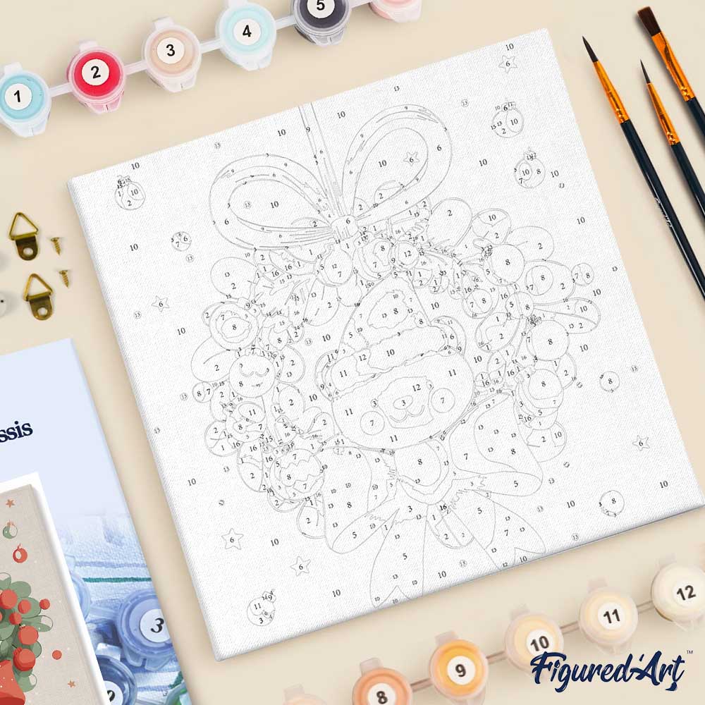 Mini Paint by numbers 8"x8" framed - Christmas Wreath Bear