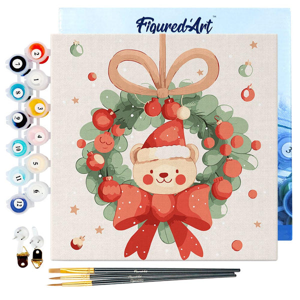Mini Paint by numbers 8"x8" framed - Christmas Wreath Bear