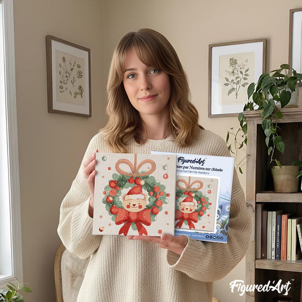 Mini Paint by numbers 8"x8" framed - Christmas Wreath Bear