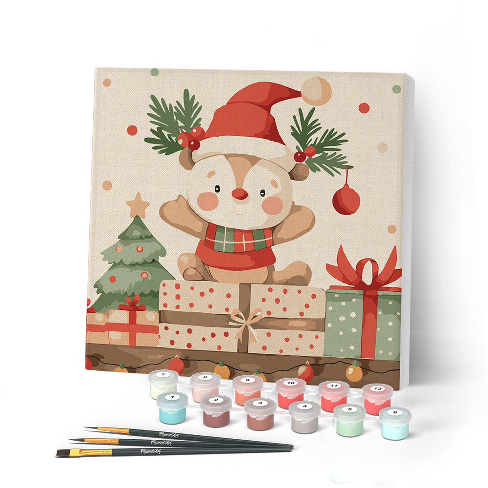 Paint by numbers kit Mini Paint by numbers 8"x8" framed - Holiday Gift Bear Figured'Art