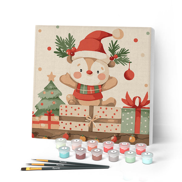 Paint by numbers kit Mini Paint by numbers 8"x8" framed - Holiday Gift Bear Figured'Art