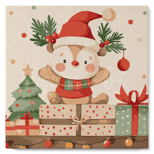 Paint by numbers kit Mini Paint by numbers 8"x8" framed - Holiday Gift Bear Figured'Art