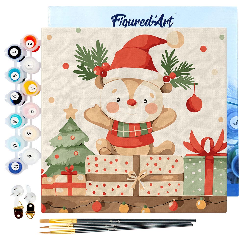 Mini Paint by numbers 8"x8" framed - Holiday Gift Bear