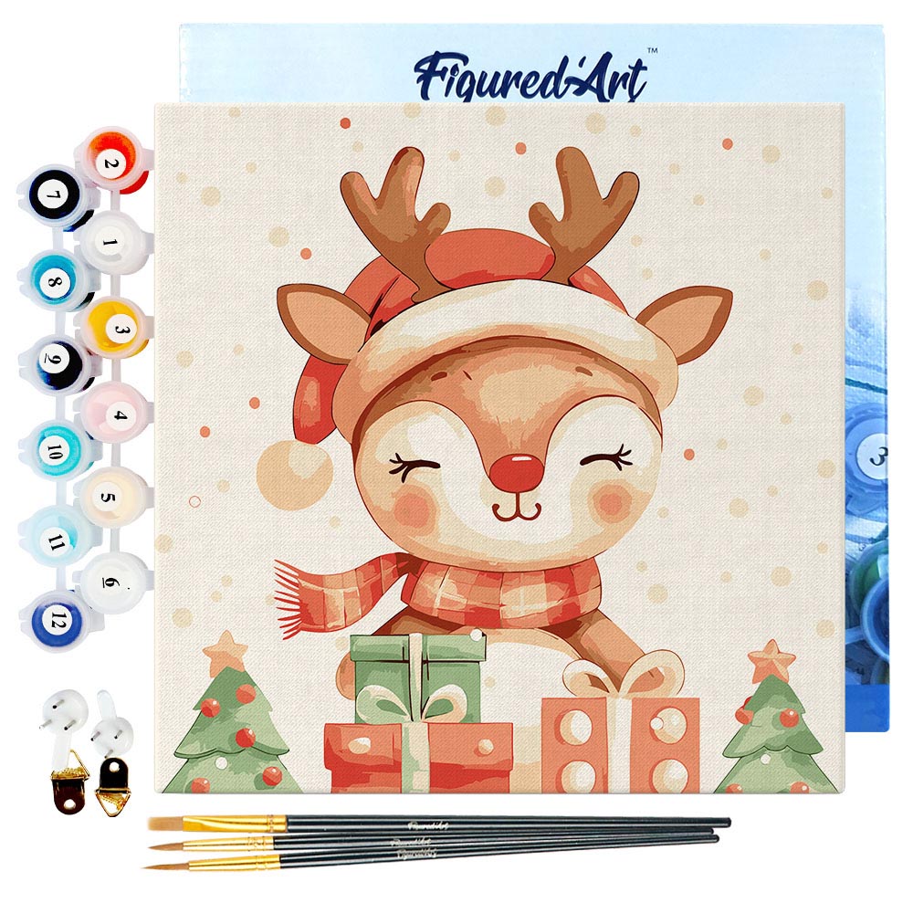 Mini Paint by numbers 8"x8" framed - Festive Reindeer