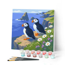 Load image into Gallery viewer, Mini Paint by numbers 8"x8" framed - Puffin by the Ocean Cliffs