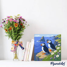 Load image into Gallery viewer, Mini Paint by numbers 8"x8" framed - Puffin by the Ocean Cliffs