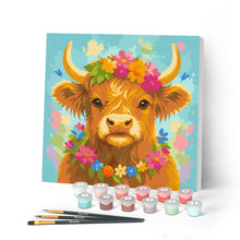 Load image into Gallery viewer, Mini Paint by numbers 8"x8" framed - Highland Cow Garden Queen