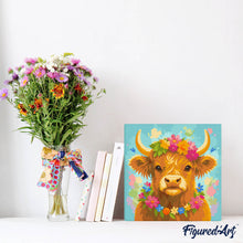 Load image into Gallery viewer, Mini Paint by numbers 8"x8" framed - Highland Cow Garden Queen