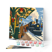 Load image into Gallery viewer, Mini Paint by numbers 8"x8" framed - Holiday Train Escape