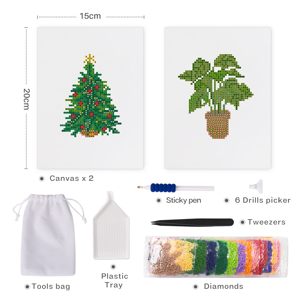 Mini Diamond Painting 6"x8" (2 pieces) - Christmas Tree and Potted Plant