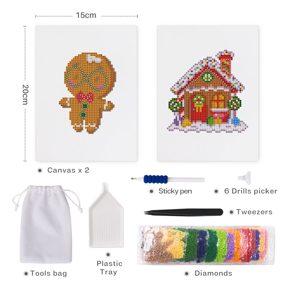 Mini Diamond Painting 6"x8" (2 pieces) - Gingerbread Man and Christmas House