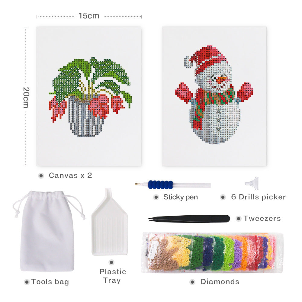 Mini Diamond Painting 6"x8" (2 pieces) - Potted Plant and Winter Snowman