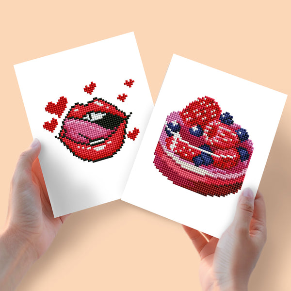 Mini Diamond Painting 6"x8" (2 pieces) - Red Lips and Berry Cake