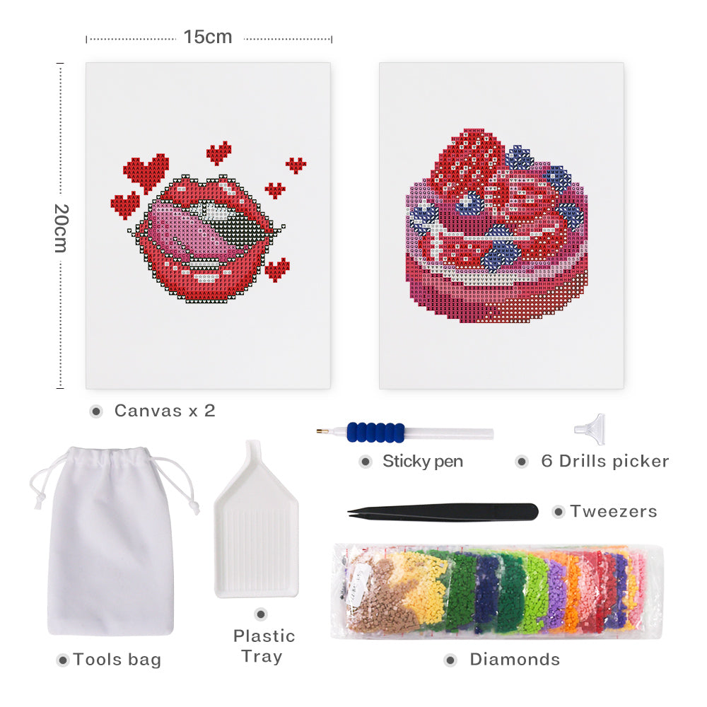 Mini Diamond Painting 6"x8" (2 pieces) - Red Lips and Berry Cake