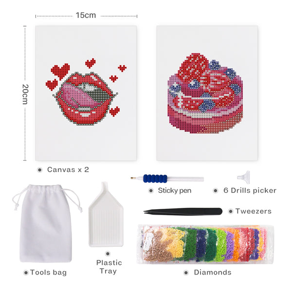 Mini Diamond Painting 6"x8" (2 pieces) - Red Lips and Berry Cake