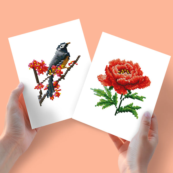 Mini Diamond Painting 6"x8" (2 pieces) - Bird and Rose
