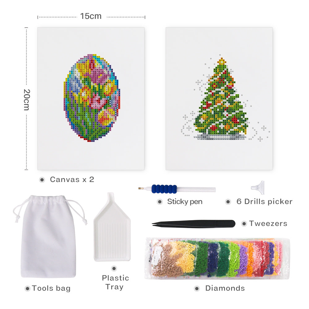 Mini Diamond Painting 6"x8" (2 pieces) - Easter Eggs and Christmas Trees
