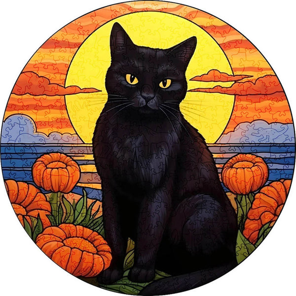 Wooden Puzzle - Black Cat at Sunset