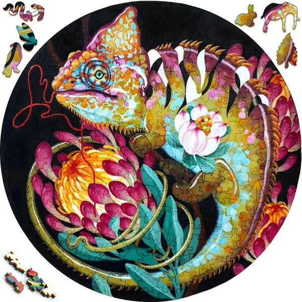 Wooden Puzzle - Chameleon and Flowers