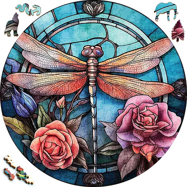 Wooden Puzzle - Dragonfly and Roses