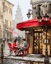 Load image into Gallery viewer, Paint by numbers | Couple at a cafe | intermediate romance cities | Figured'Art