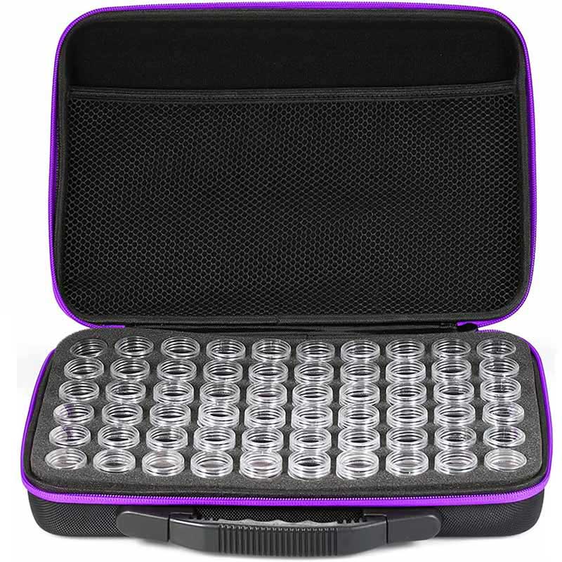 Diamond Painting storage case in purple with 60 compartments + accessories