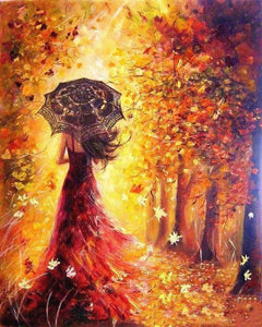Paint by numbers - Autumn Forest and Woman with Umbrella – Figured'Art