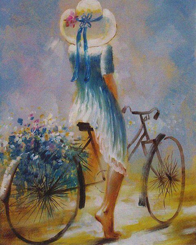 Girl on bicycle watercolor girl painting store girl original watercolor landscape with girl