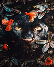 Load image into Gallery viewer, paint by numbers | black panther in the foliage and birds | new arrivals animals panthers birds intermediate | FiguredArt