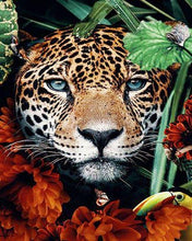 Load image into Gallery viewer, paint by numbers | panther in the foliage and flowers | new arrivals animals panthers flowers intermediate | FiguredArt