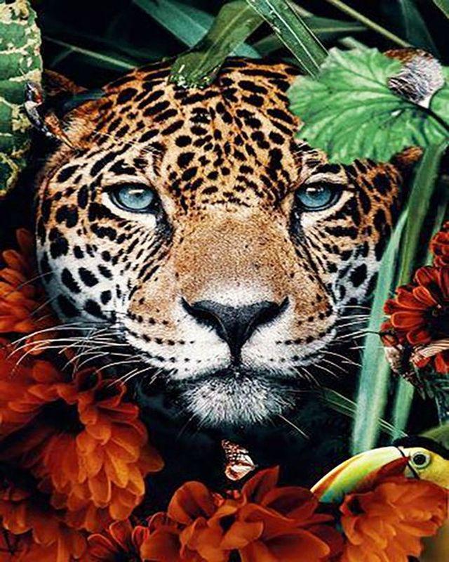 paint by numbers | panther in the foliage and flowers | new arrivals animals panthers flowers intermediate | FiguredArt