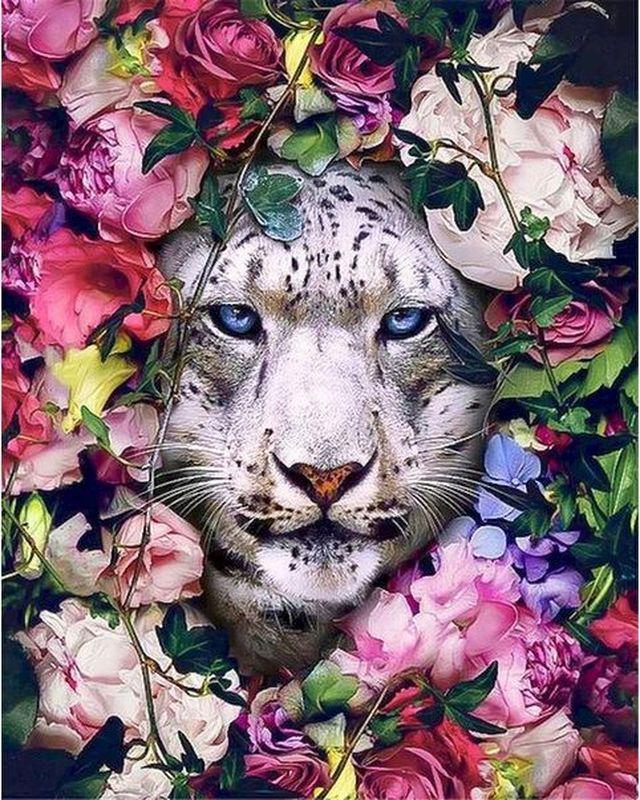 Tiger Pink Flowers - diamond Painting - DiamondByNumbers - Diamond Painting  art