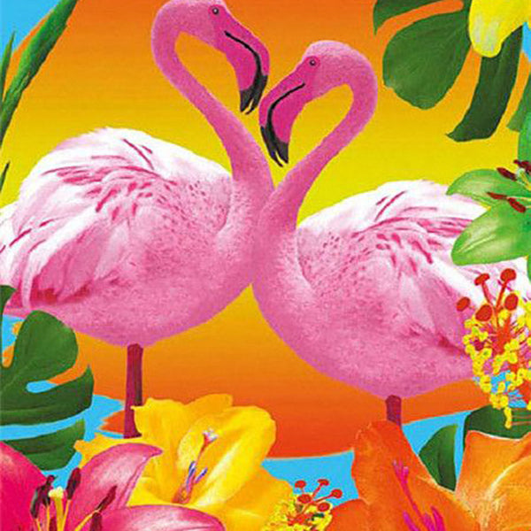 Duo of Pink Flamingos and Flowers