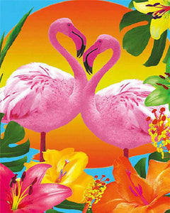 Duo of Pink Flamingos and Flowers