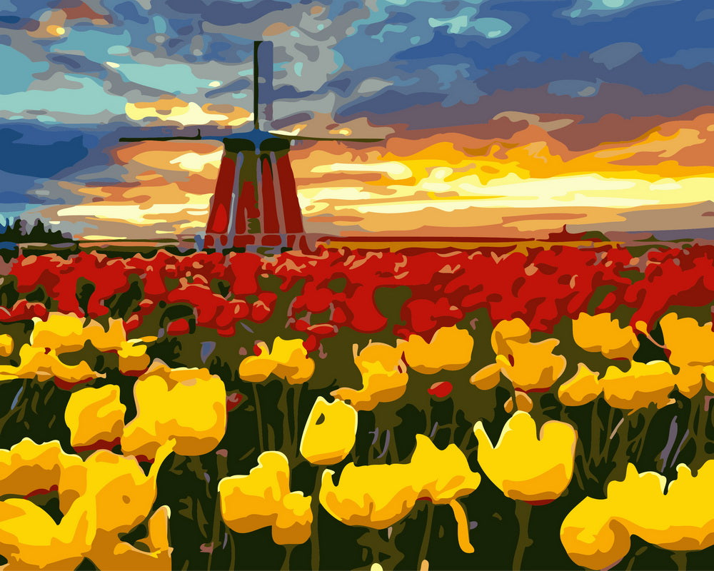 Paint by Numbers - Windmill and red and yellow tulips