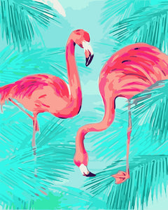 Duo of Pink Flamingos and Foliage