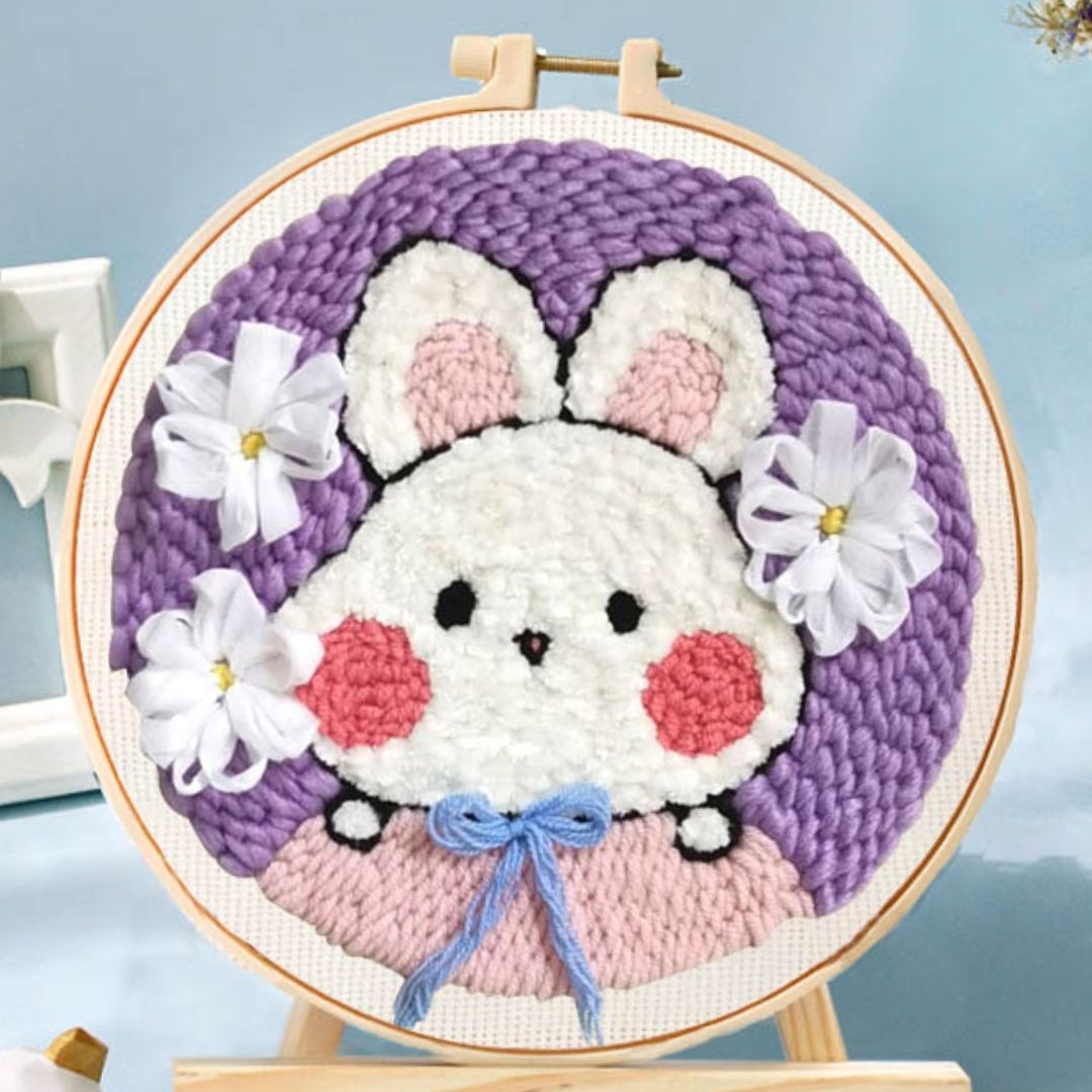 Punch Needle Kit - White Rabbit with Flowers