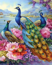 Load image into Gallery viewer, Diamond Painting - Peacocks and flowers at the lake