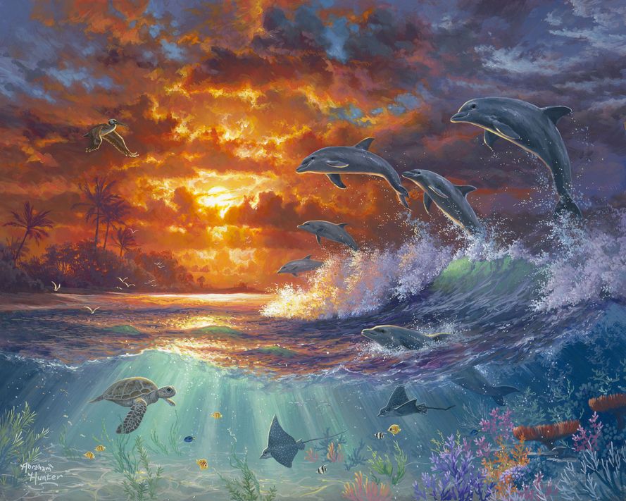 Paint by numbers Ocean and Sunset Figured'Art new arrivals, intermediate, landscapes, animals, fish, dolphins, turtles
