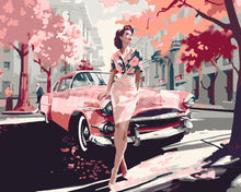Load image into Gallery viewer, Paint by numbers kit Lady and Pink Classic Car Figured&#39;Art