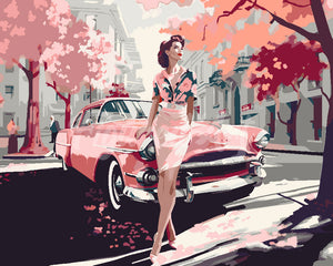 Paint by numbers kit Lady and Pink Classic Car Figured'Art