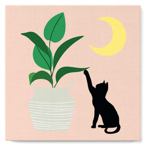 Mini Paint by numbers 8"x8" framed - Cat plays with plant in the moonlight