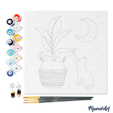 Load image into Gallery viewer, Mini Paint by numbers 8&quot;x8&quot; framed - Cat plays with plant in the moonlight