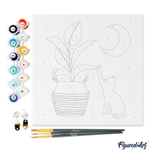 Mini Paint by numbers 8"x8" framed - Cat plays with plant in the moonlight
