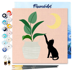 Mini Paint by numbers 8"x8" framed - Cat plays with plant in the moonlight