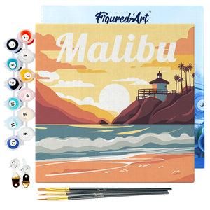 Mini Paint by numbers 8"x8" framed - Travel Poster Malibu