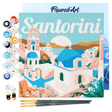 Load image into Gallery viewer, Mini Paint by numbers 8&quot;x8&quot; framed - Travel Poster Santorini Sunrise