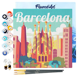 Mini Paint by numbers 8"x8" framed - Travel Poster Barcelona